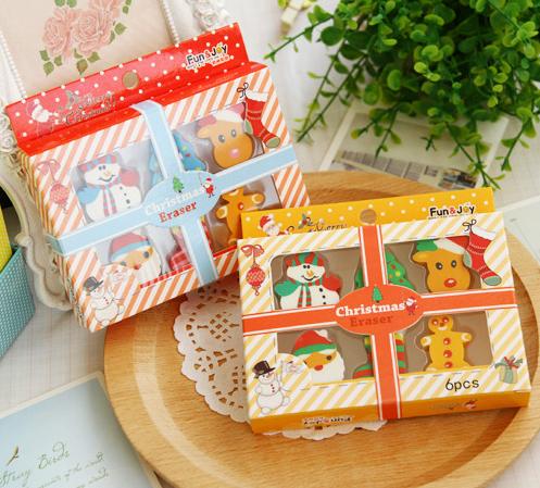 【貓凱特韓國文具精品】韓國 歡樂聖誕 禮物橡皮套裝 6枚盒裝
